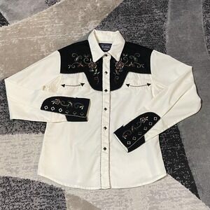 Classic Western Shirt Women M White Black Embroidered Floral Yoke Diamond Snap